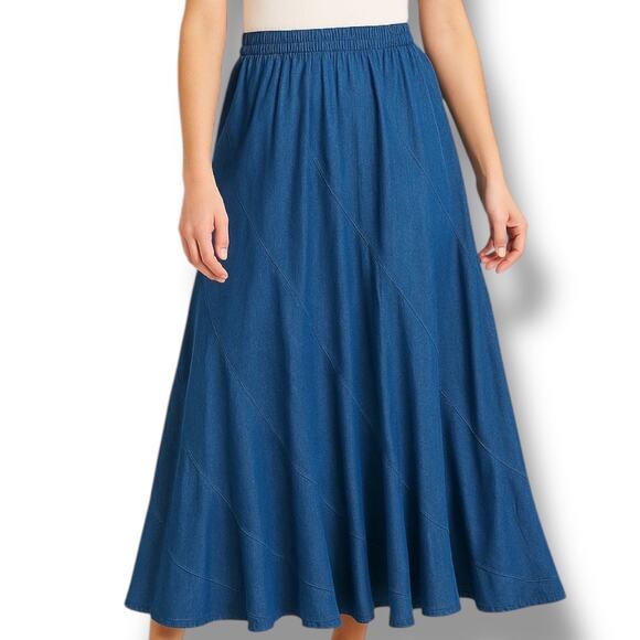 90s Alfredo’s Wife Denim Maxi Skirt Blue Tiered Flowy Boho Medium Wash Jean - Picture 1 of 9
